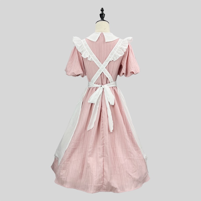 Long Pink White Maid Dress wit - Vintage Fashion Dresses 评论和价格
